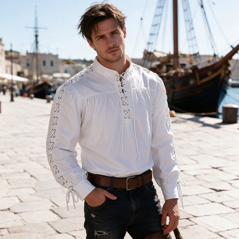 Men Medieval Pirate Lace Up Sh - Medieval Gothic Lace Up Pirate Shirt ulasan dan harga